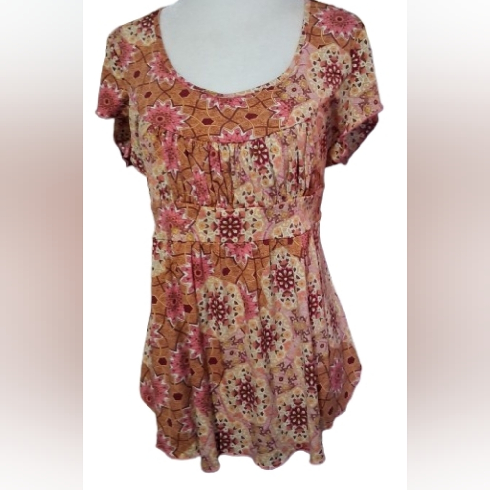 INC Concepts Floral Pink & Orange Short Sleeve Print Women's Top, Size Large